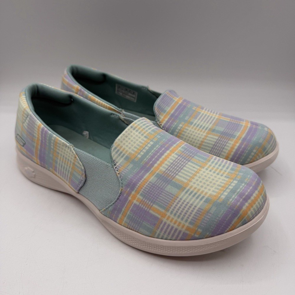 Skechers Go Walk Joy Shoes Womens 10 Plaid Tartan Green Slip On Loafers 136319